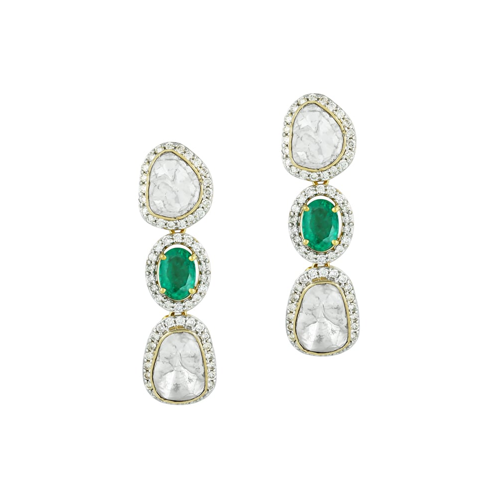 Oval Emerald Earrings with Polki & Diamond Halo Borders